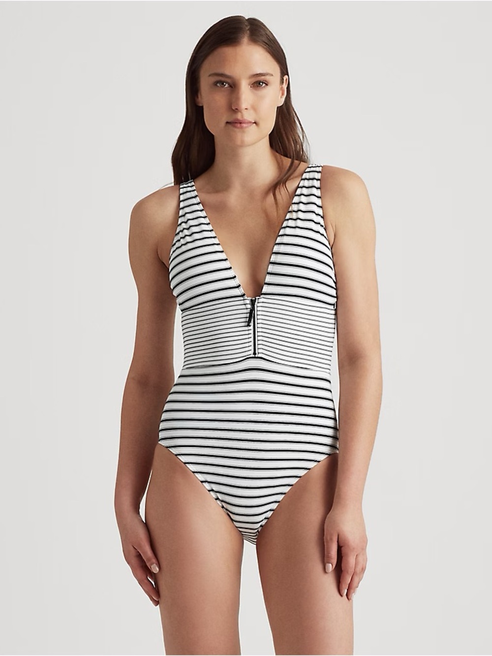 Ralph Lauren Striped V-Neck Black & White Zip-Front One-Piece Swimsuit Size 12
